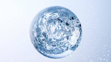 Sudaki kozmetik ürünleri için temel yağ kabarcıkları. Mavi sıvı kabarcıklar, sıvı akışı. Kolajen, yüzen atomlar, nemlendirici krem, cilt serumu, vitamin, güzellik konsepti, gerçekçi damlalar, molekül, 3d render