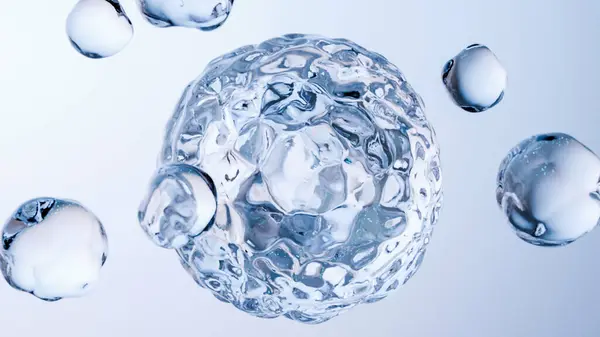 Sudaki kozmetik ürünleri için temel yağ kabarcıkları. Mavi sıvı kabarcıklar, sıvı akışı. Kolajen, yüzen atomlar, nemlendirici krem, cilt serumu, vitamin, güzellik konsepti, gerçekçi damlalar, molekül, 3d render