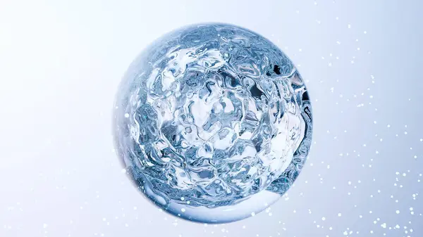 Sudaki kozmetik ürünleri için temel yağ kabarcıkları. Mavi sıvı kabarcıklar, sıvı akışı. Kolajen, yüzen atomlar, nemlendirici krem, cilt serumu, vitamin, güzellik konsepti, gerçekçi damlalar, molekül, 3d render