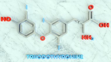 Triyodotironin veya T3 molekülü, kimyasal formül yapısı, tiroid hormonu, C15H12I3NO4 topu ve çubuk, liothyronin, 3d render