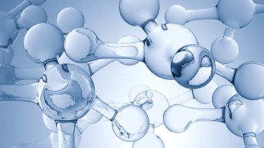 Moleküller ya da atomlar, moleküler yapı, biyokimyasal. Kimyasal formül, sıvı akışı. Su Sıvısı Baloncukları, yüzen atomlar, cilt bakımı Kozmetik, Vitamin, Tıbbi Güzellik Konsepti, 3D