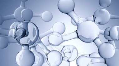 Moleküller ya da atomlar, moleküler yapı, biyokimyasal. Kimyasal formül, sıvı akışı. Su Sıvısı Baloncukları, yüzen atomlar, cilt bakımı Kozmetik, Vitamin, Tıbbi Güzellik Konsepti, 3D