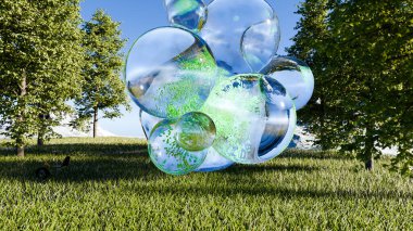 Parlayan klorofil, doğa ve biyoloji, fotosentez, çevresel enerji ve ekolojik uyum, bitkisel cilt bakım kozmeti, moleküler damlacıklar, 3D