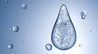Yüzen su kabarcıkları, suda kozmetik ürünleri için temel yağ. Mavi sıvı kabarcıklar, sıvı akışı. Kolajen, yüzen atomlar, nemlendirici krem, cilt serumu veya vitamin, vitamin, güzellik konsepti, 3D görüntüleme