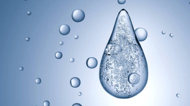 Yüzen su kabarcıkları, suda kozmetik ürünleri için temel yağ. Mavi sıvı kabarcıklar, sıvı akışı. Kolajen, yüzen atomlar, nemlendirici krem, cilt serumu veya vitamin, vitamin, güzellik konsepti, 3D görüntüleme