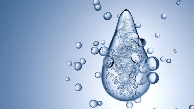 Yüzen su kabarcıkları, suda kozmetik ürünleri için temel yağ. Mavi sıvı kabarcıklar, sıvı akışı. Kolajen, yüzen atomlar, nemlendirici krem, cilt serumu veya vitamin, vitamin, güzellik konsepti, 3D görüntüleme