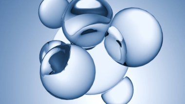 Yüzen su kabarcıkları, suda kozmetik ürünleri için temel yağ. Mavi sıvı kabarcıklar, sıvı akışı. Kolajen, yüzen atomlar, nemlendirici krem, cilt serumu veya vitamin, vitamin, güzellik konsepti, 3D görüntüleme