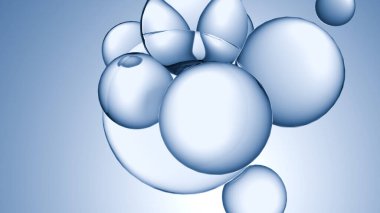 Yüzen su kabarcıkları, suda kozmetik ürünleri için temel yağ. Mavi sıvı kabarcıklar, sıvı akışı. Kolajen, yüzen atomlar, nemlendirici krem, cilt serumu veya vitamin, vitamin, güzellik konsepti, 3D görüntüleme