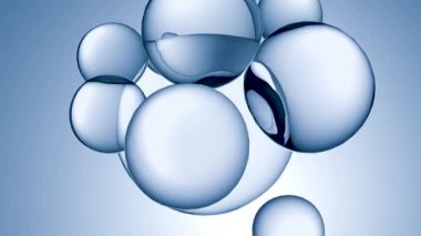 Yüzen su kabarcıkları, suda kozmetik ürünleri için temel yağ. Mavi sıvı kabarcıklar, sıvı akışı. Kolajen, yüzen atomlar, nemlendirici krem, cilt serumu veya vitamin, vitamin, güzellik konsepti, 3D görüntüleme