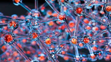 Gerçekçi bstrit moleküller veya atomlar, moleküler yapı, biyokimyasal. Kimyasal formül, yüzen atomlar, ağır metal nanoteknoloji, 3 boyutlu görüntüleme