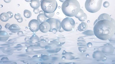 Hiyalüronik asit veya nemlendirici serum damlası, suda kozmetik için gerekli yağ kabarcıkları, güzellik kozmetik konsepti, kolajen ve vitamin, kırışıklıkları azaltmak için cilt çözeltisi, 3D rendeleme