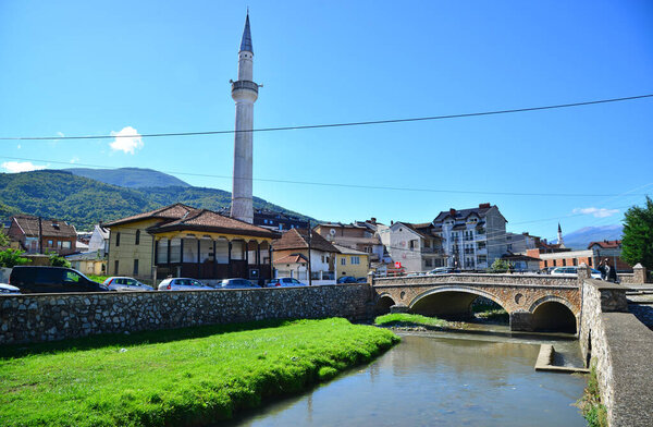 The Historical Suzi Celebi Mosque and Bridge in Prizren, Kosovo, was built during the Ottoman period.