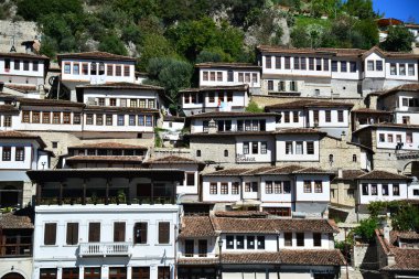 Arnavutluk 'un Berat kentindeki Tarihi Evler ve Berat Şatosu manzarası