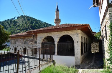 Arnavutluk 'un Berat kentindeki Tarihi Evler ve Berat Şatosu manzarası