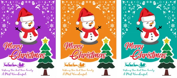 Mutlu Noeller arkaplanı, basit vektör tasarımı, Noel Baba, Noel ağacı, kardan adam ve çanlar, afiş ve diğer amaçlar için.