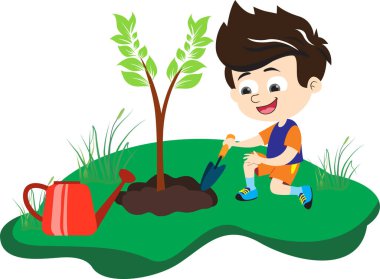 Yeşil yapraklı ağaçlar eken çocukların resmi