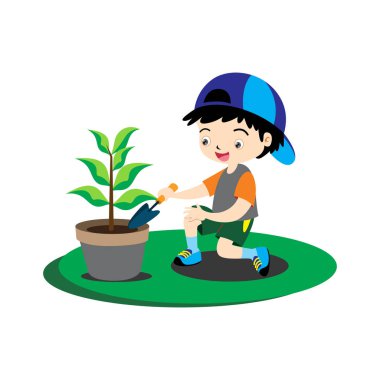 Yeşil yapraklı ağaçlar eken çocukların resmi