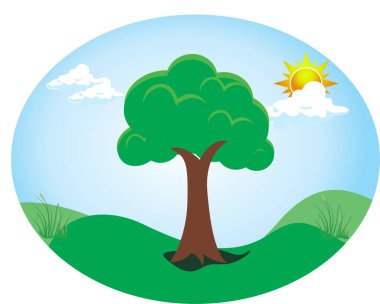 Geniş ve gür yeşil yapraklı bir ağacın bembeyaz bir gökyüzü arka planında basit düz bir tasarım.