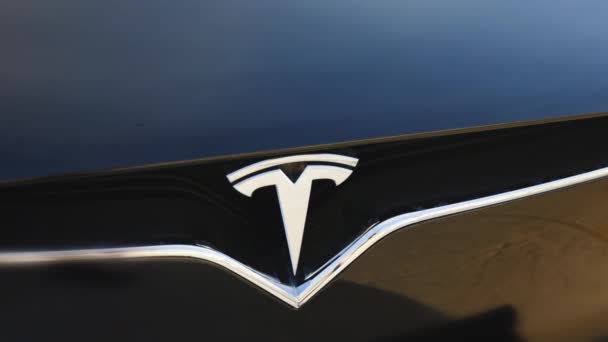 Lwów Ukraina Października 2022 Zbliżenie Plakietki Logo Tesla Model Odznaka — Wideo stockowe