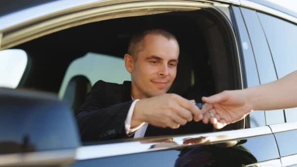 Car Salesman Finishing Dealing Car Young Happy Man Receiving Car — Stock Video