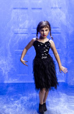 POV of young girl tiktoker created dancing wednesday video by smartphone camera. Girl recording trendy dance moves for social media account. To share video to social media application.