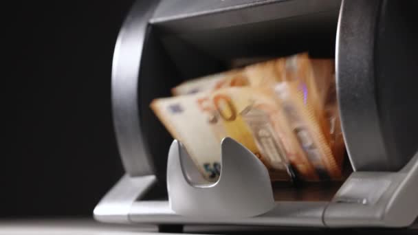 Close Euro Banknotes While Being Counted Money Counting Equipment Paper — Vídeo de Stock