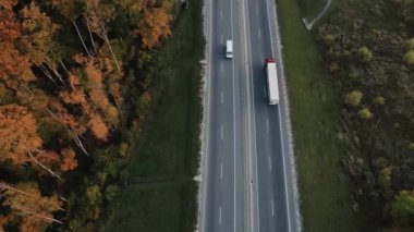 Aerial View Cargo Truck Large Delivery Truck is Moving. Semi-truck Driving on Forest Asphalt Road. Transportation Delivery of Goods Container Truck Freeway. Lorry On Suburban Highway.