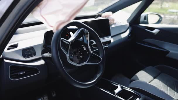 Bilen Efter Olycka Säkerhetsanordning Bilen Förare Krockkudde Utplacerad Ratten Bilen — Stockvideo