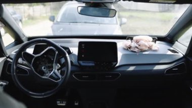 Hava yastıklarının açıldığı bir kazadan sonra arabanın içi. Kabinin içerisinden bak. Kazadan sonra araba. Arabada güvenlik aygıtı var. Kazadan sonra arabada hava yastığı..