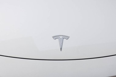 Lviv, Ukrayna - 23 Mart 2024: Yeni bir Tesla Model 3 Highland elektrikli arabasının Tesla logosunun yakın plan çekimi. Yıkandıktan sonra beyaz Tesla Modeli 3.