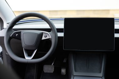 Empty cockpit electric vehicle, Head Up Display and digital speedometer. Steering wheel of electric vehicle, interior, cockpit, electric buttons. Autonomous car. Driverless car. Self-driving vehicle. clipart