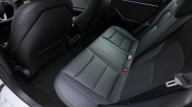 Lviv, Ukrayna - 23 Mart 2024: Tesla Model 3 Highland. Modern lüks arabanın arka deri koltukları. Deri araba yolcu koltuğu. Lüks arabadaki arka yolcular için medya sistemi.