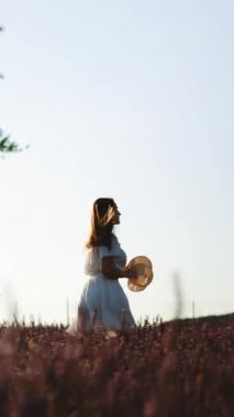 Yazlık elbiseli bir kadının dikey format videosu lavanta tarlasında yürüyor. Provence, Fransa. Güzel kız mor lavanta arasında yürüyor ve ılık yaz gününün tadını çıkarıyor..