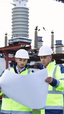 Yüksek voltajlı elektrik hattı yakınında inşaat planıyla çalışan mühendislerin dikey videosu. Özel giyimli iki mühendis, yüksek voltajlı elektrik hattının arka planına karşı kağıt üzerine çizim yapmayı tartışıyor..