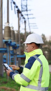 Elektrik işçisi mühendisinin dikey format videosu. Elektrik kulesinin yanında dijital tabletle çalışıyor. Enerji sektörü teknoloji endüstrisi. Elektrik mühendisi tablet üzerinde çalışıyor..