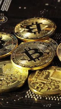 Blockchain teknolojisinin dikey format videosu, bitcoin madenciliği. Altın Bitcoin 'lerin yakın plan çekimleri anakart arka planında izole edilmiştir. Şifreli para, bitcoin. BTC, Bit Para.