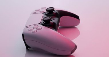 Lviv, Ukrayna - 27 Şubat 2021: Sony PlayStation 5 joystick ışıkta dönüyor. Yeni TV konsolunda ezme maçına hazırlanılıyor.