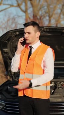 Modern arabasındaki bozulma hakkında telefonda konuşan yansıtıcı yelekli adamın dikey videosu. Acil dur işareti. Yoldaki bir araba kazası. Telefondaki adam araba servisine yardım etmesi için birini arıyor.