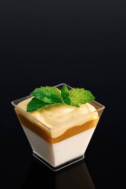 Panna cotta tropik vanilyalı panna cotta, mango, mango-tutku meyveli mus. Çikolatalı kremalı panna cotta. Krem şantili süslemeli tatlı. Boşluğu kopyala.