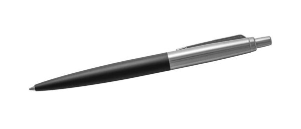 A black and silver ballpoint pen isolated on a white background.