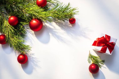 Kırmızı mücevherleri olan bir Noel ağacı dalı ve beyaz üzerine güneş ışığı altında hediye kutusu. Boşluğu Kopyalayan Klasik Renklerle Noel Arkaplanı.