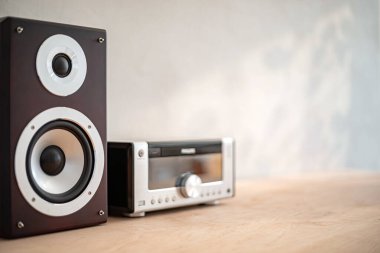 Parlak bir hoparlör ve minimalist iç mekanda ahşap bir yüzey üzerinde modern stereo sistemi içeren şık bir ses düzeneği..