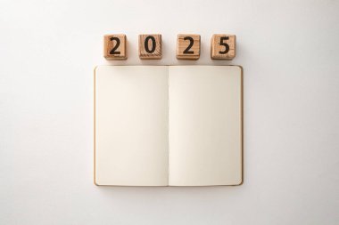 Boş defter masanın üzerinde duruyor, yanında 2025 numaralı tahta bloklar var, gelecek yıl için yeni başlangıçları, planları, hedefleri simgeliyor..