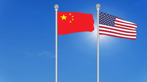 Usa China Flags Waving Wind Illustration Rendering United States America — Stock Photo, Image