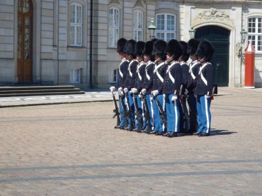 Saray muhafızı Danimarka polisi siyah şapkayı gezmek için fırsat kolluyor. Yüksek kalite fotoğraf