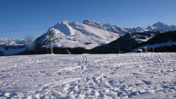 Panaorama Clusaz Franciaország Ski Blue Ski Piste Holiday Alpokban Kiváló — Stock Fotó