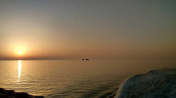 Pôr Sol Ferry Paros Grécia Mediteranean Ilha Aegean Foto Alta — Fotografia de Stock