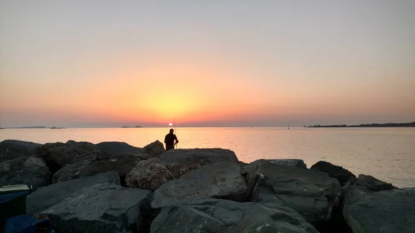 Fishermen Angler Sunset Paros Greece Mediteranean Island Aegean High Quality — Stock Photo, Image