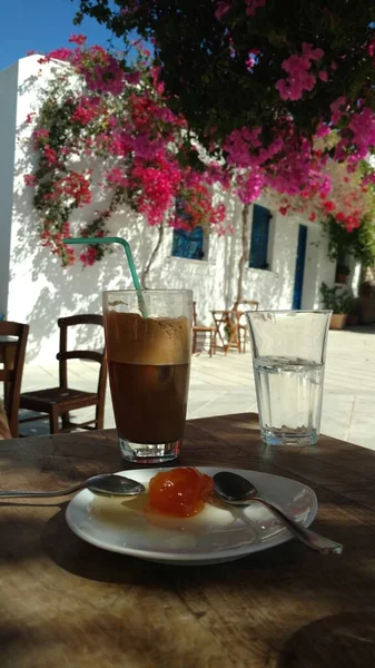 Mesa Café Paros Grécia Ilha Mediterrânea Aegean Foto Alta Qualidade — Fotografia de Stock
