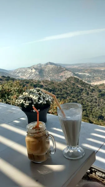 Café Com Vista Para Paros Grécia Ilha Mediterrânea Aegean Foto — Fotografia de Stock